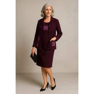 Sweet Jessie Poly Spandex Dress Jacket Set Appliqué Eggplant Purple 12 Petite